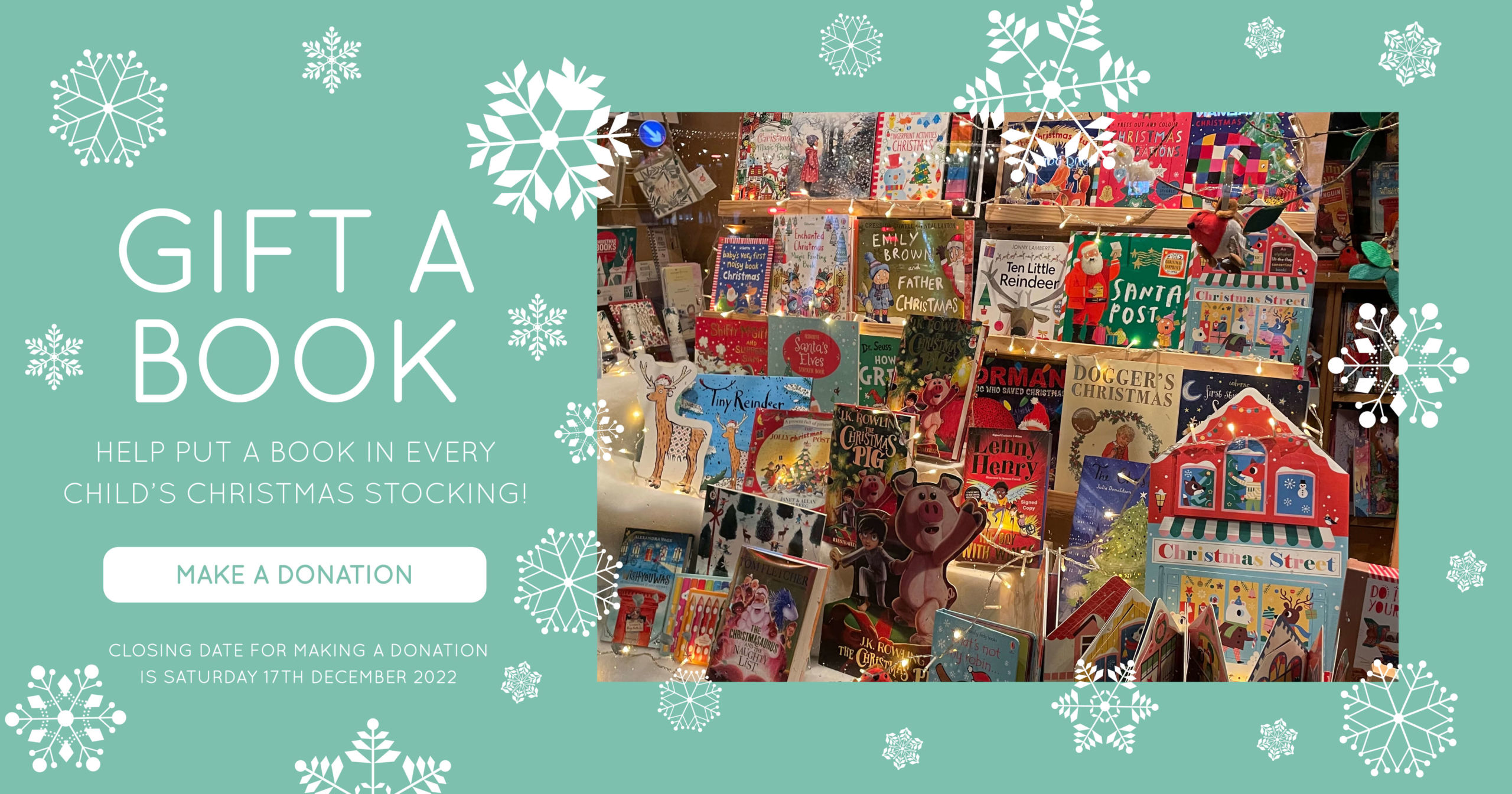 Graphic for Gift a Book with details of the event and an image of Christmas books in the shop window