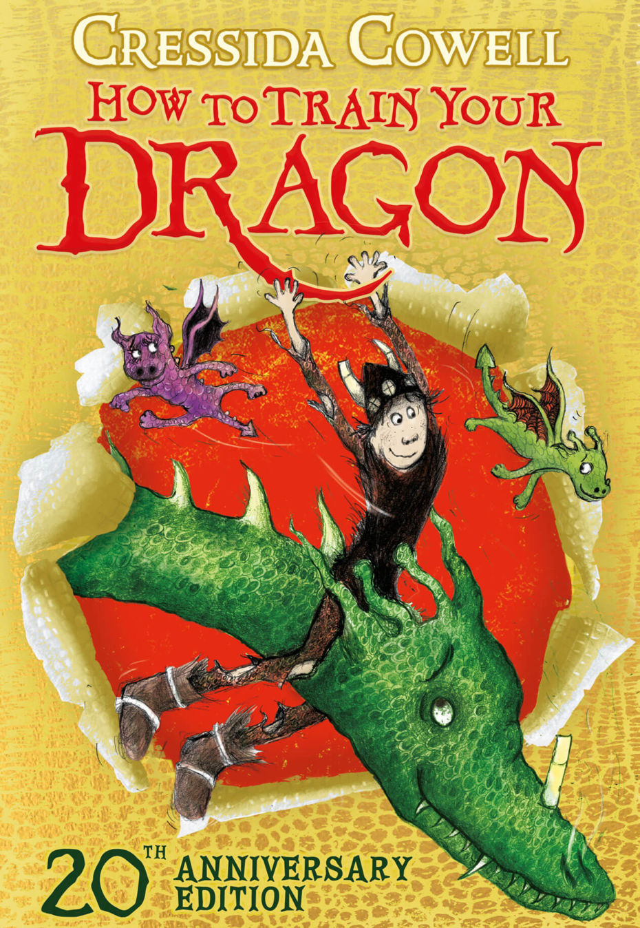 Book jacket for the 20th anniversary special edition of How to train your Dragon by Cressida Cowell