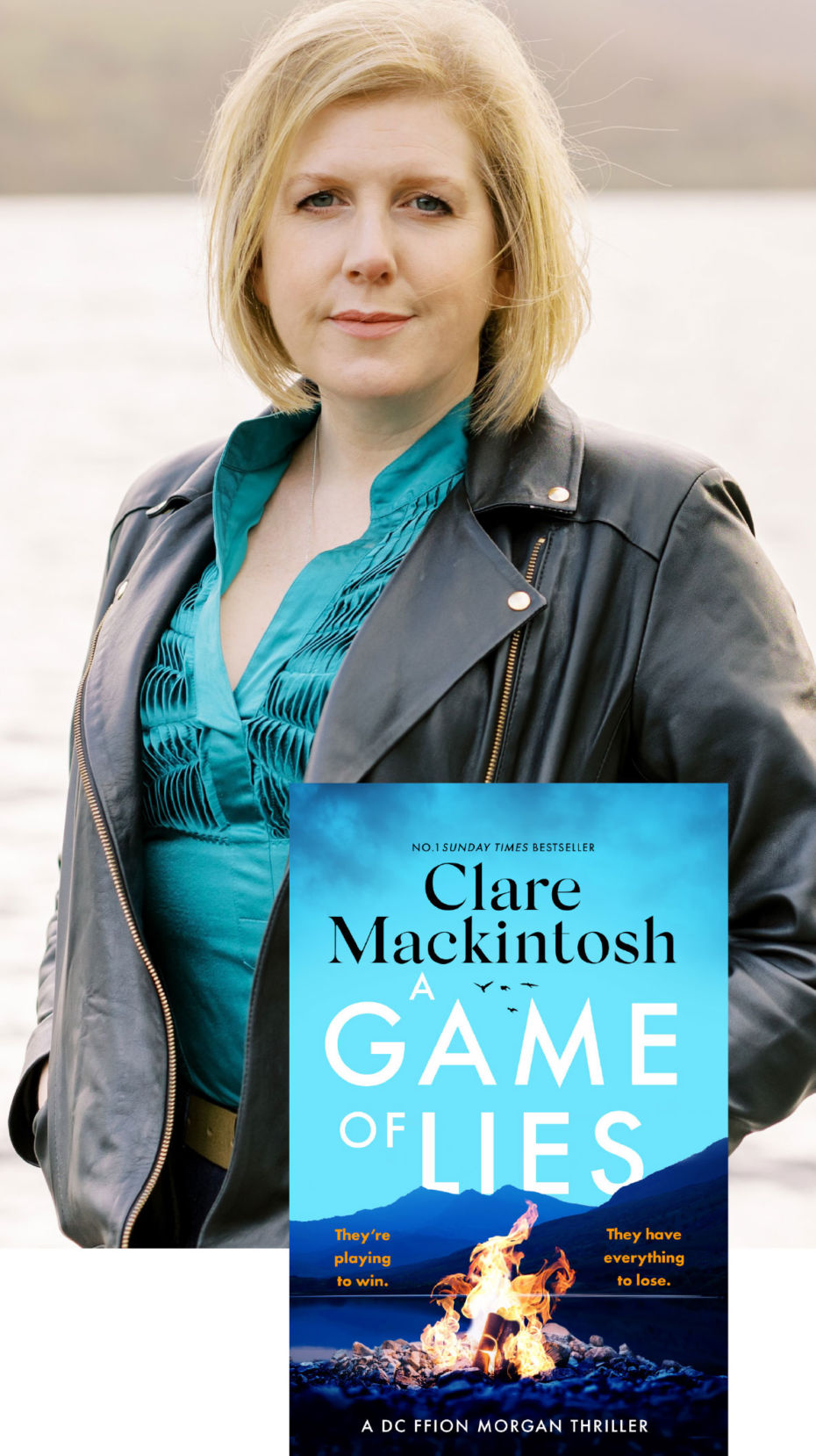 Clare Mackintosh with the front jacket of her noel Game of Lies