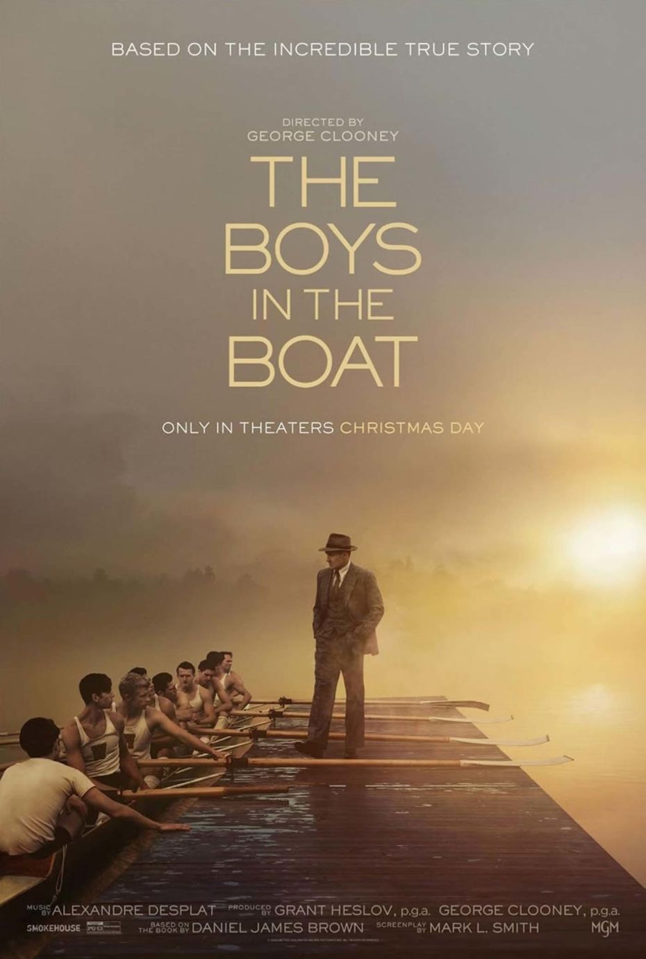 Film poster for The Boys in the Boat shows a rowing 8 in the water with their coach giving instruction from the side